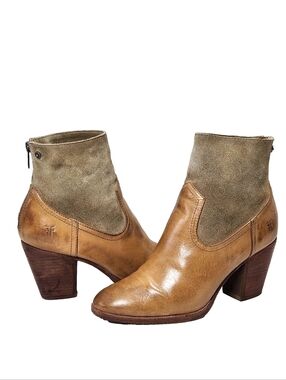 FRYE Tessa Zip Booties Sz 7.5 Aged Finish Suede Leather Taupe Tan 3477947